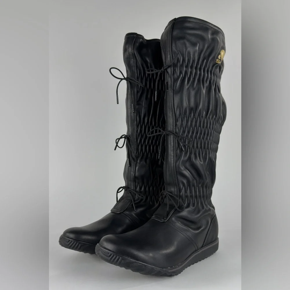 SOREL Firenzy Knee High Black Leather Boots 8 Plaid Wool Lined Slouchy Winter